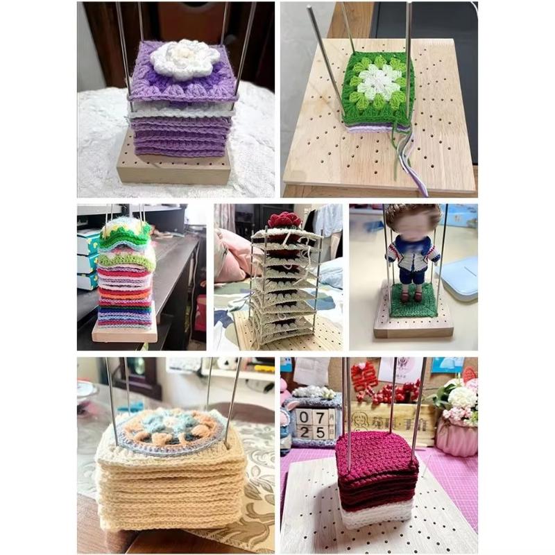 20*20CM DIY Crochet Blocking Boards Wooden Square Knitting Blocking Mat with Stainless Steel Rod Weave Accessory Knitting Board