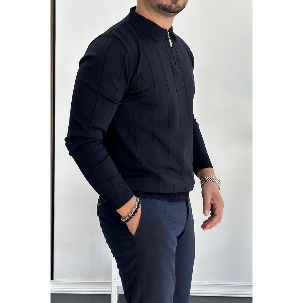 Men's Half Zipper Polo Neck Seasonal Sweater Navy Blue Edw195