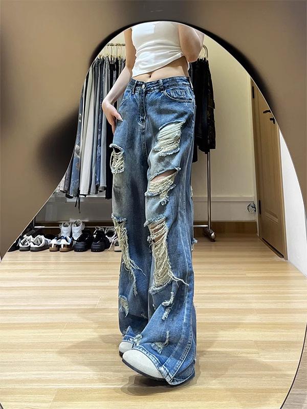 Women's Retro Distressed Loose Straight Ripped Jeans