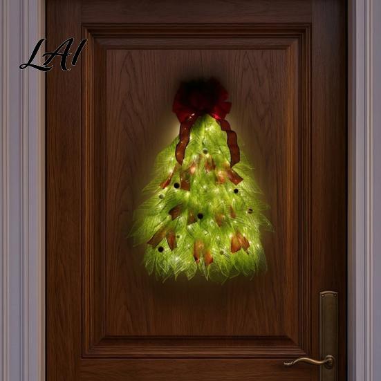 Christmas Tree Door Hanger Handmade Wreath for Front Door Xmas Shaped Teardrop Swag Holiday Decor with Light Hanging Bow And Berries Home Wall Gift