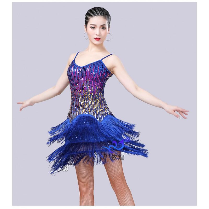 Latin Dance Dress Sequined Fringe Stage Performance Costume Women