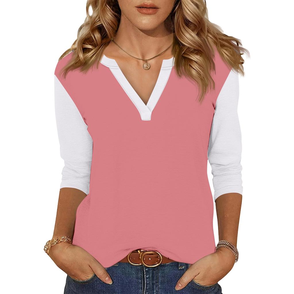 Women's Casual Fashion Sexy Comfortable V-neck Stitching Color Three-quarter Sleeve Top