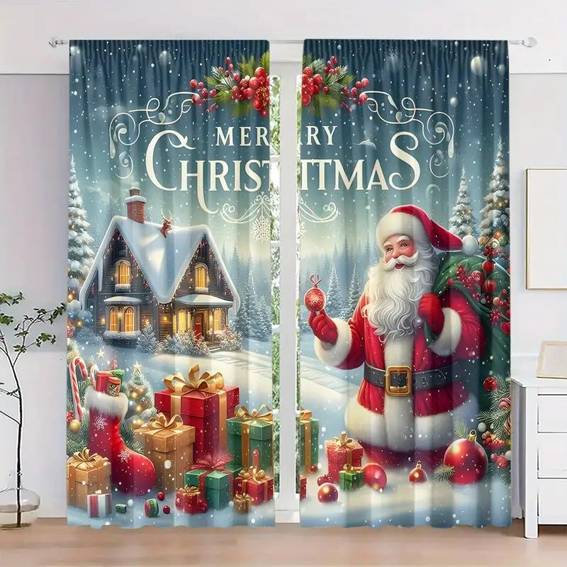 Set Of 2 Santa Claus Pattern Filtering Polyester Curtains Christmas Home Windows Classic Made