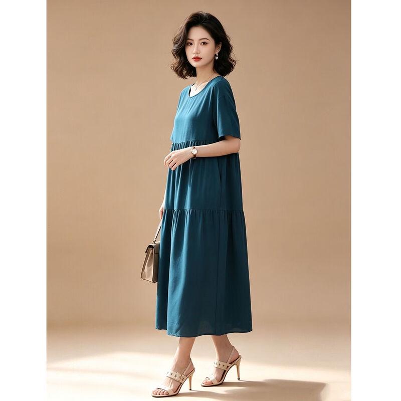 EST+II Women's Yunqi Round Neck Short Sleeve Cake Long Dress