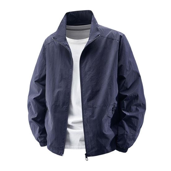 Herren Jacke Stehkragen Langarm Reißverschlussleiste Frühling Herbst Mantel mit Taschen Einfarbig Lockere Passform Vielseitige Oberbekleidung