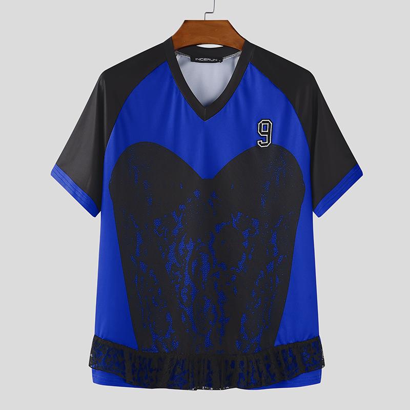 INCERUN Summer Men Short Sleeve Lace Patchwork Print Casual T-shirts Tee Tops