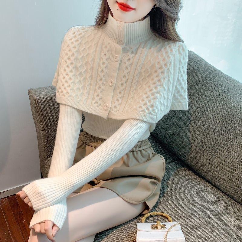 

Женский свитер с полуводолазкой, топ с длинными рукавами, костюм из двух частей с шалью, осень-зима 2023 года, новый свитер в стиле вестерн с перекрученным низом One size белый