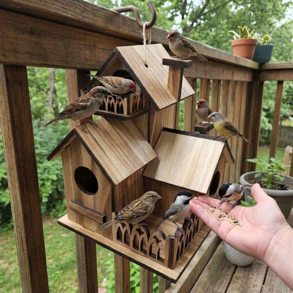 Handmade Wooden Bird House Multiple Holes Bird Feeder Weather Resistant Outdoor Birdhouse Backyard
