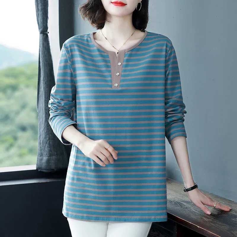 T-Shirt Tops Women Oversized Blouse Stripe Stretch Long Sleeve T-Shirt Round Neck Loose Tops
