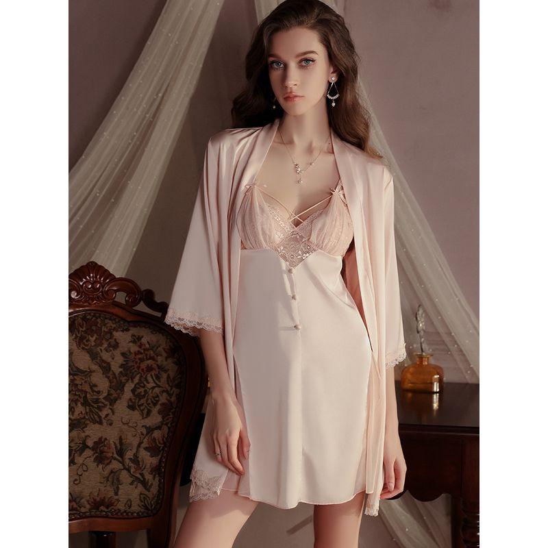 Good Morning with You: Sexy Pajamas Women's Sweet Mesh Ice Silk Strap Night Dress Outerwear Gown Homewear Suit Pure Desire Style