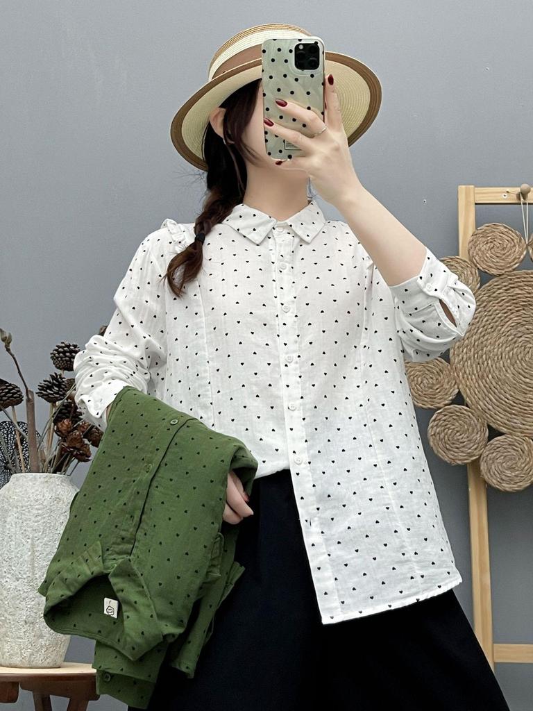 Korean Style Heart Print Ruffled Cotton Blouse for Women - Spring Long Sleeve Slim Fit