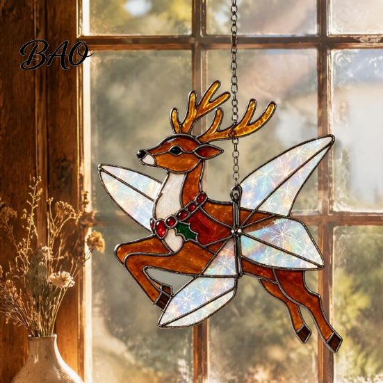 Holiday Garden Decor Christmas Snowman/Santa Claus/Deer Suncatcher, Stained Glass Style Pendant with Hanging Living Room Festive Chain, 2D Flat