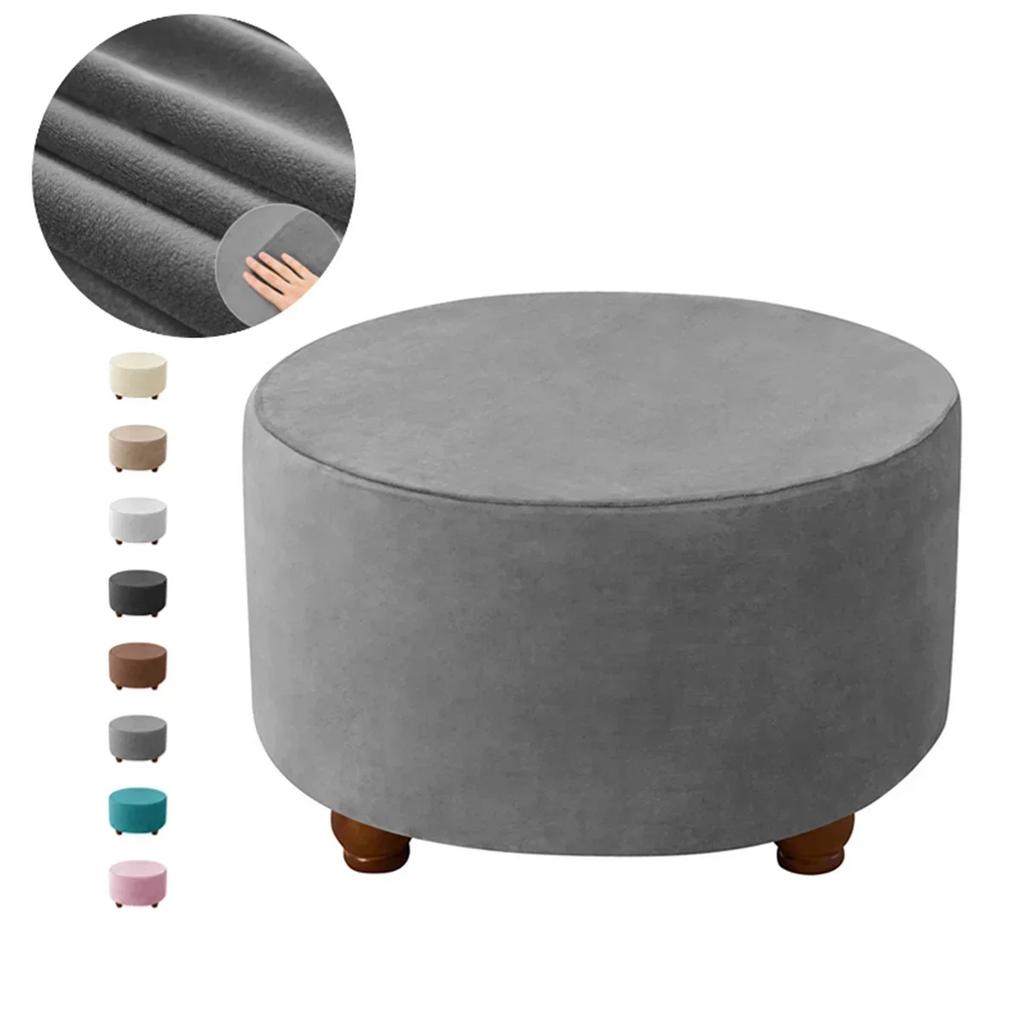 Velvet Round Ottoman Covers Elastic All-inclusive Footrest Covers Stretch Footstool Slipcovers Furniture Protector Living Room