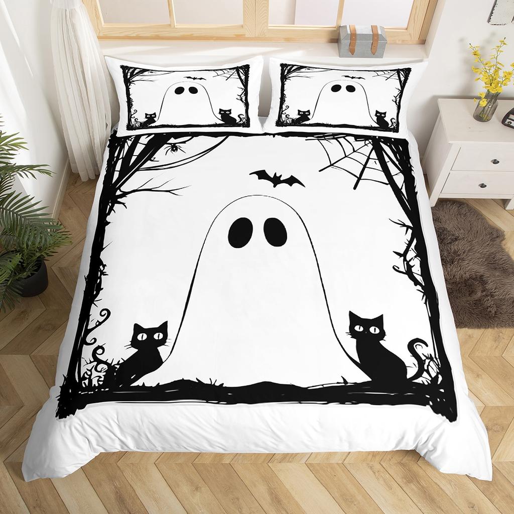 Homewish Funny Halloween Ghost Duvet Cover Set,Gothic Spider Web Bedding Set,Teens Boys Girls Kids Bed Set