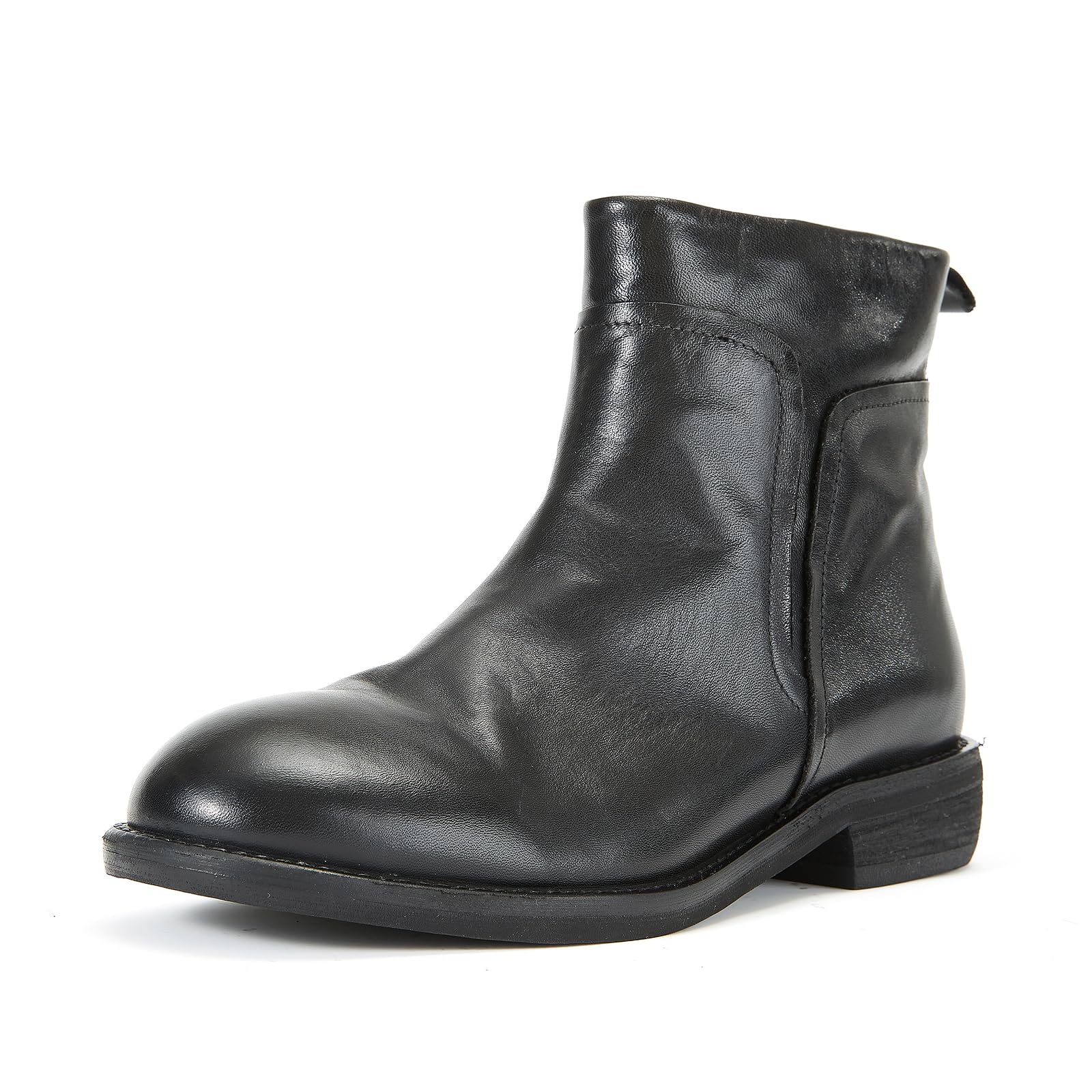 

short genuine round side low easy to walk [ZUYEE] Women s boots, leather, toe, zip, heel, in, simple, casual, black, 24.0cm чорний