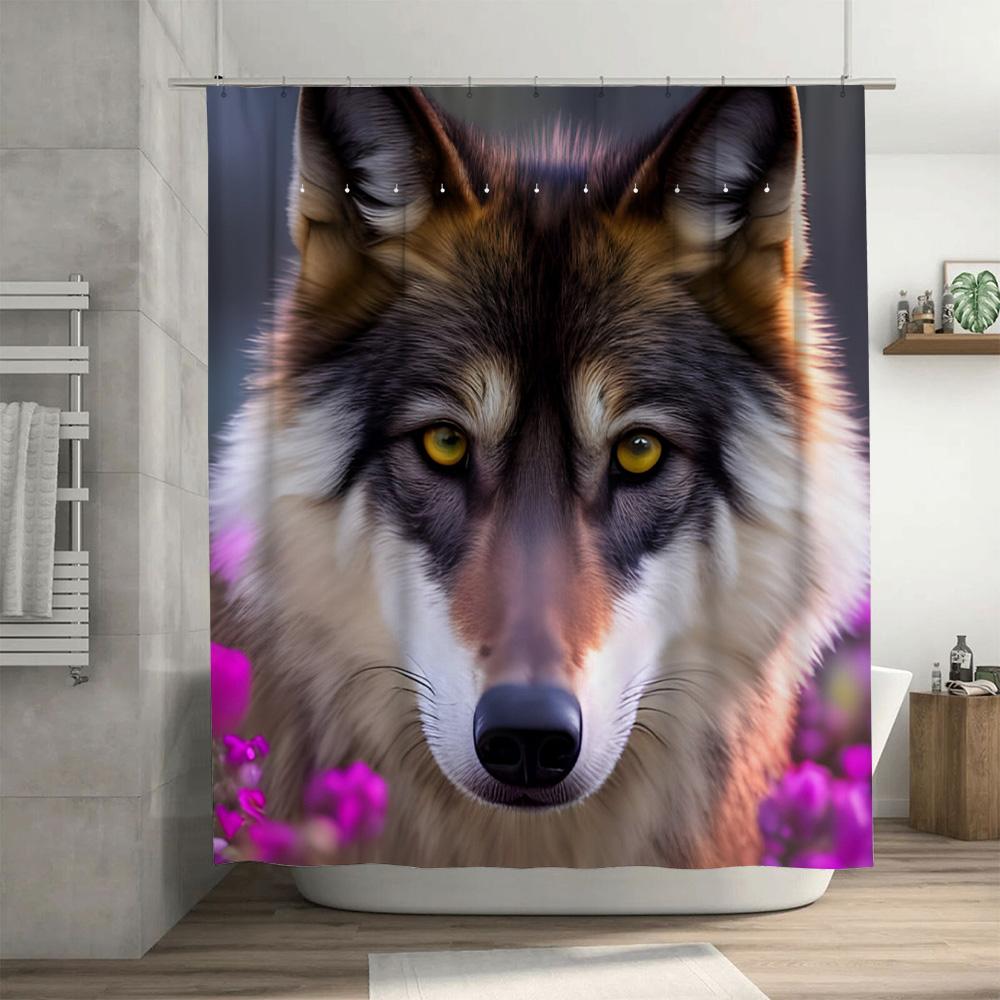 High-Definition Animal Print Shower Curtain Wolf Face Design For Bathroom Decor In Purple Color Made With Durable Material (Blue
