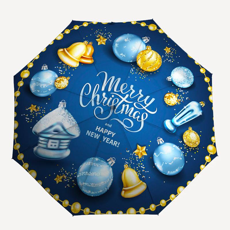 Merry Christmas & Happy New Year! Blue & Gold Ornament DesignUmbrella, Portable 3-Fold Compact Umbrella,Christmas Gift ES423