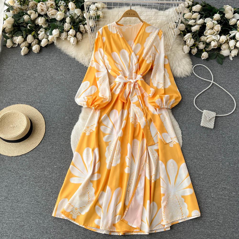 

Женское летнее праздничное пляжное платье с цветочным принтом и V-образным вырезом с длинными рукавами, шикарное платье трапециевидной формы
