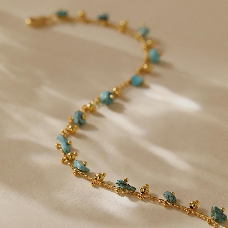 Gold Plated Stainless Steel Raw Turquoise Chip Bead Anklet