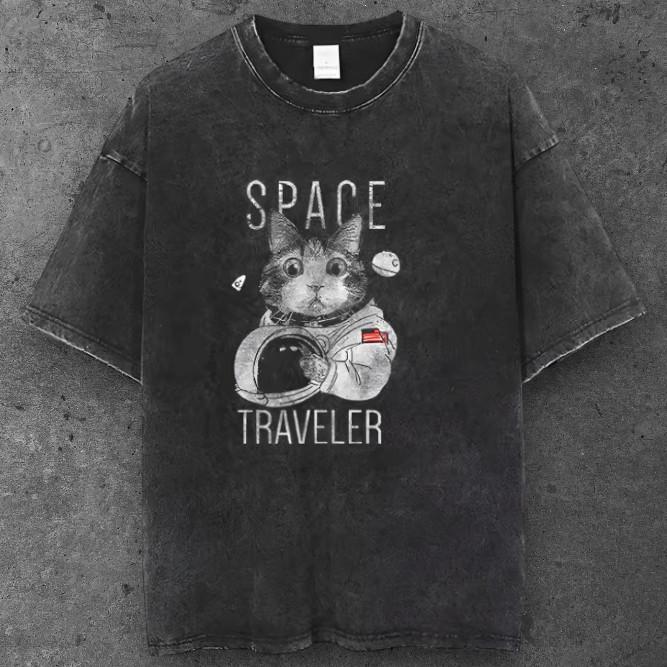 Unisex Space Traveler Cat Oversized T Shirt Washed Black Y2K Streetwear S-2XL S