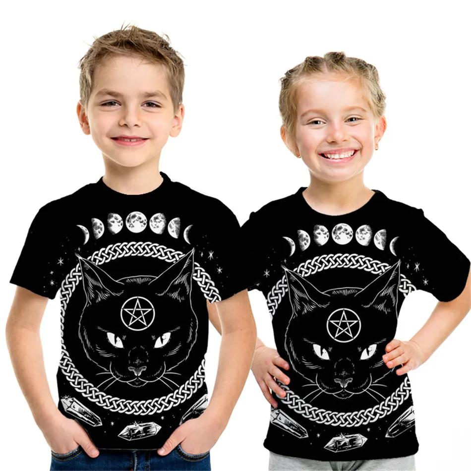 Children's Clothing Boy Girl Short Sleeve Children Summer Clothes 3D Cat Print Lovely Black T-Shirt 2024 Kids Clothes Girl Tops