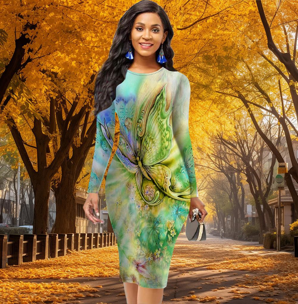 Langärmeliges Taillenenges Büro Slim Fit Pigment Schmetterlingsdruck Elegantes Bodycon Kleid