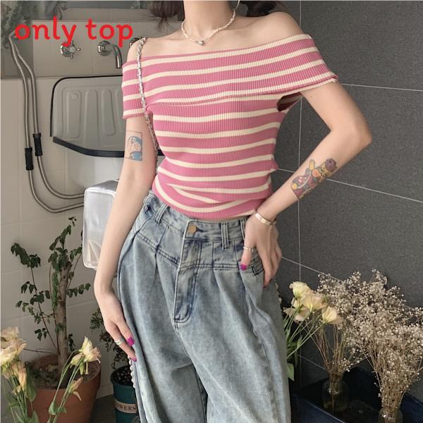 Striped Off Shoulder Sweater For Women With Slim Fit Short Sleeve Knit Top
