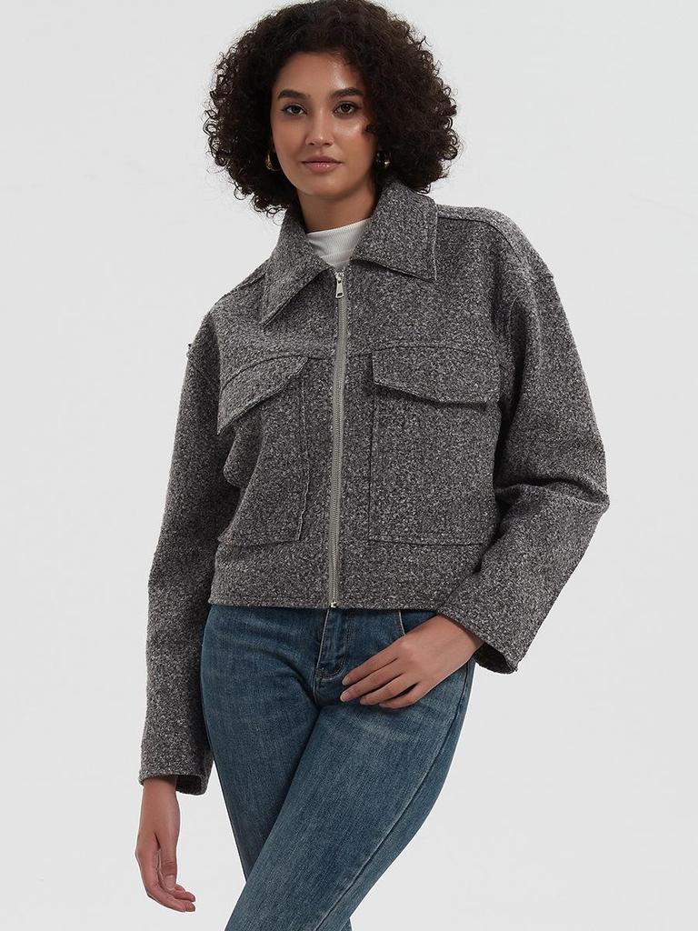 Women's European & American Style Grey Wool Coat with Turn-Down Collar, Large Pockets, for Autumn & Winter