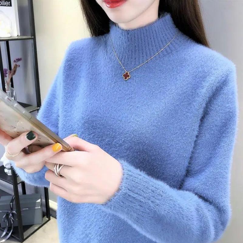 Golfy Jednokolorowe Elastyczne Swetry Casualowe Damskie Jesienno-zimowe Swetry Z Długim Rękawem Sweter Dzianinowy