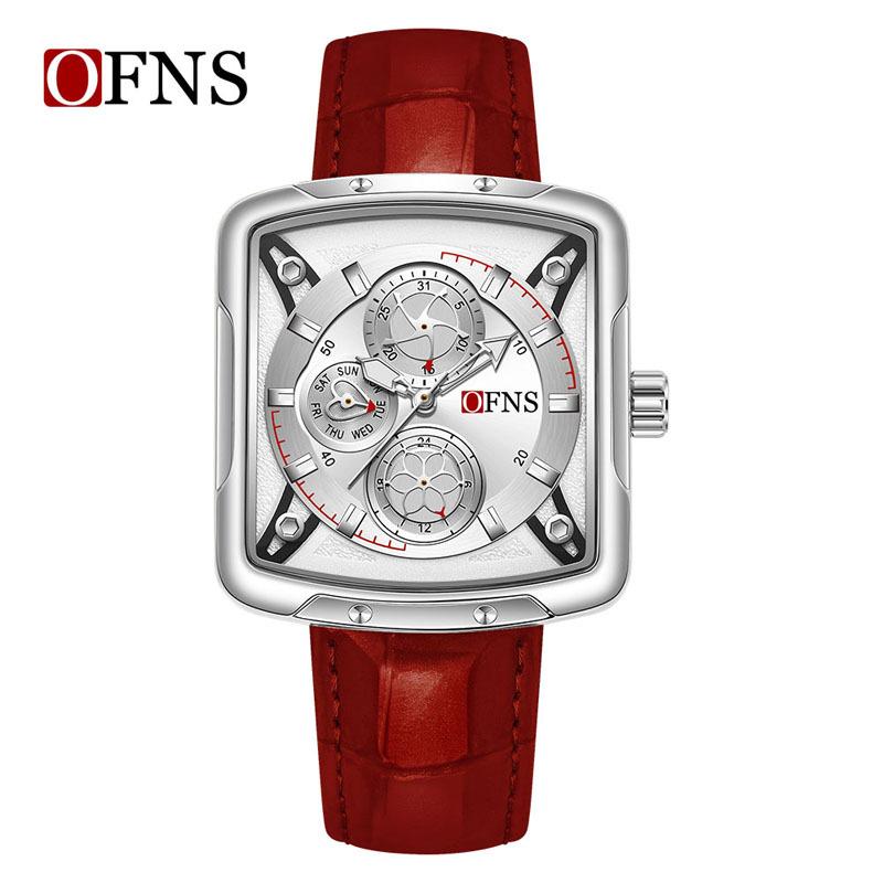 OFNS Brand 1516 Fashion Square Six Needle Quartz Watch 3ATM Waterproof Luminous Head Layer Leather Strap Date Display Cool Men's