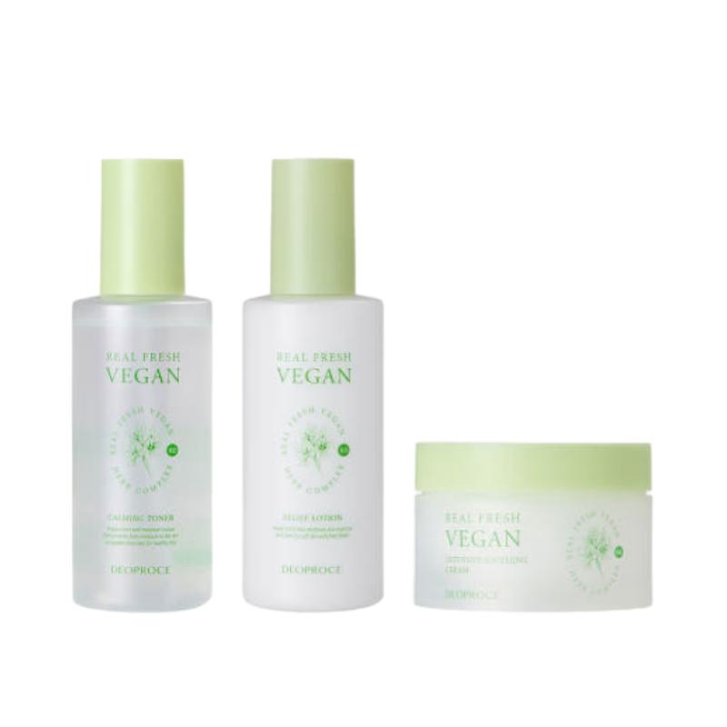 Deoproce Real Fresh Vegan 3-Piece Skincare Set – Relief Toner 200ml + Emulsion 200ml + Soothing Cream 100g
