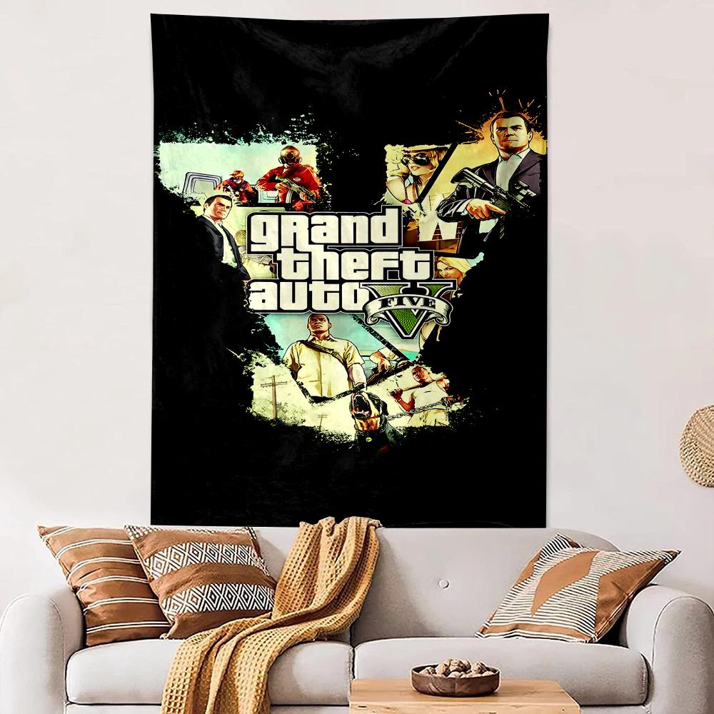 Vertical Tapestry Grand Theft Auto V Characters Collage Black Tapestry Wall Hanging Men Cave Game Room