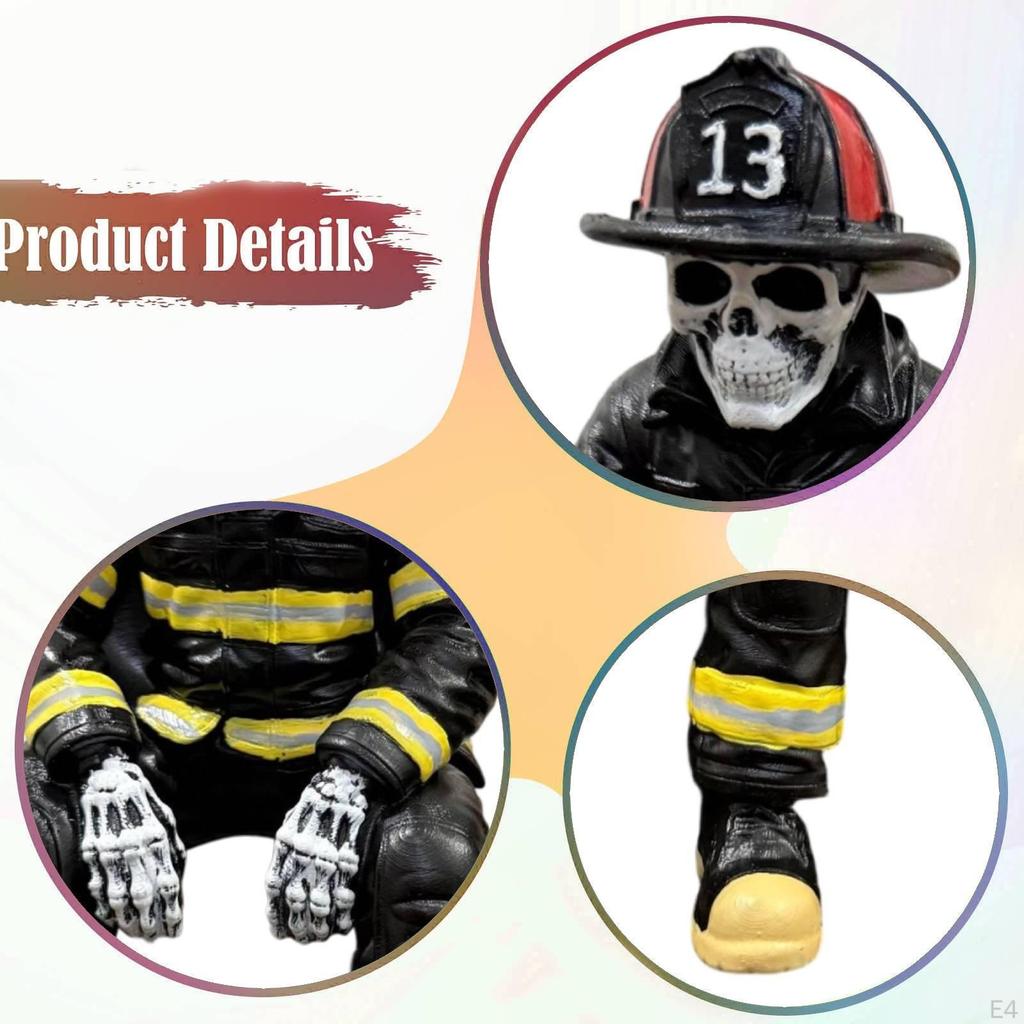 Firefighter Skeleton Statue Ornament Resin Sitter Figurine for Home Decoration