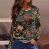 Women's Fashion Casual Slit Hem Round Neck Long Sleeve Loose  Printed T-Shirt Ladies Top