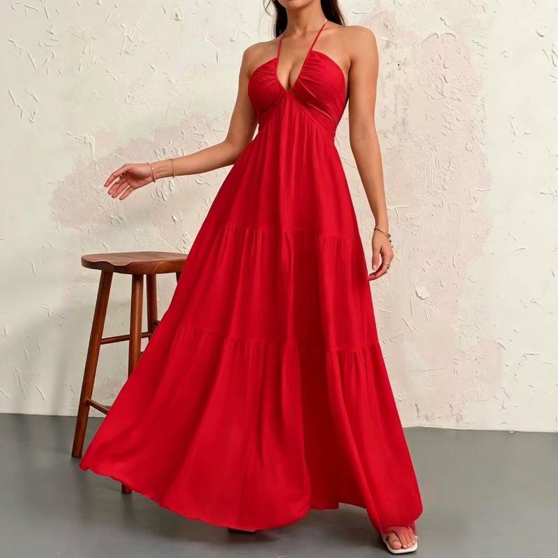 Amazon eaby European and American summer new hot-selling women's neck dress suspender strap holiday skirt