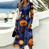 Women's Casual Halloween Print Long Sleeve V-Neck Dress with Pockets
