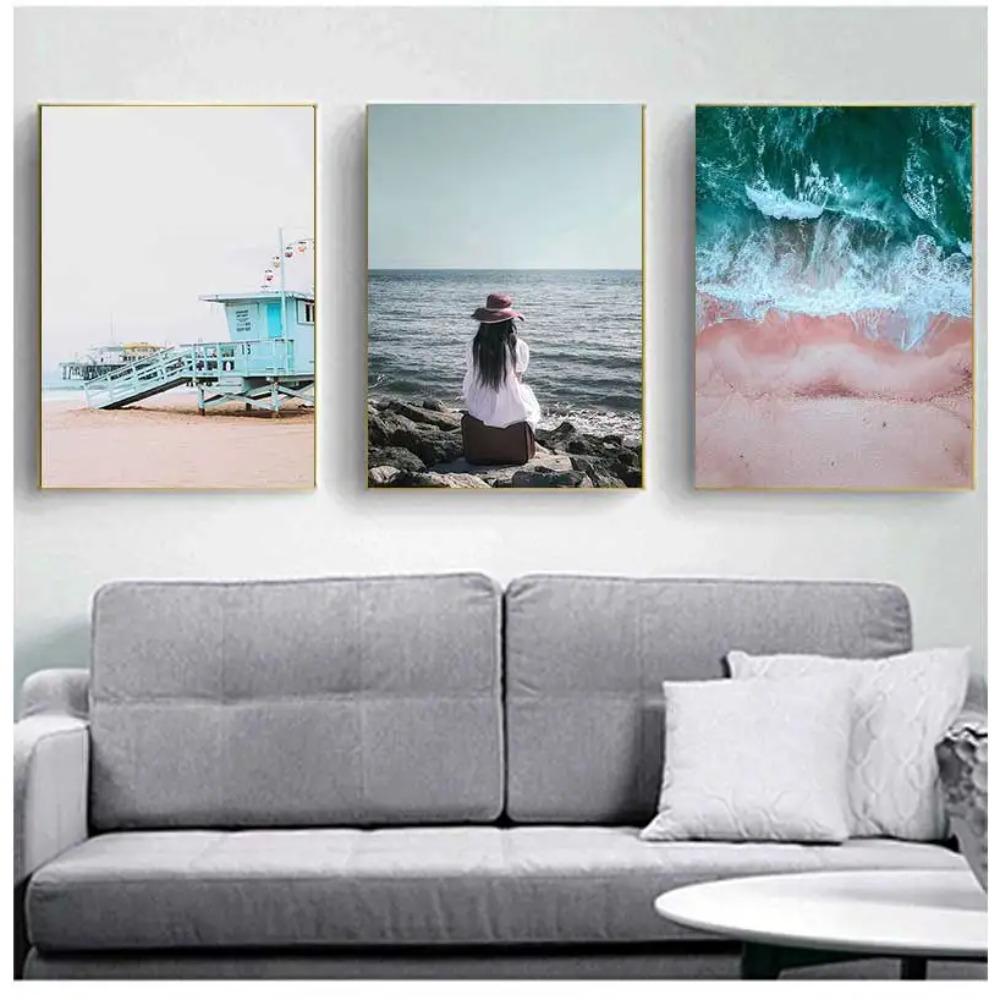 Dekorationsbild, skandinavisches Heimdekor, Ozeanlandschaft, Leinwand, nordischer Stil, Strand, rosa Bus, Wandkunstdruck, Gemälde