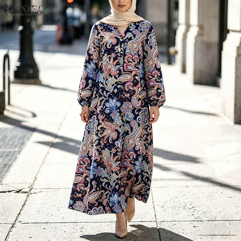 

ZANZEA Women Ethnic Print Loose Casual V-Neck Long Sleeve Muslim Dress S чёрный