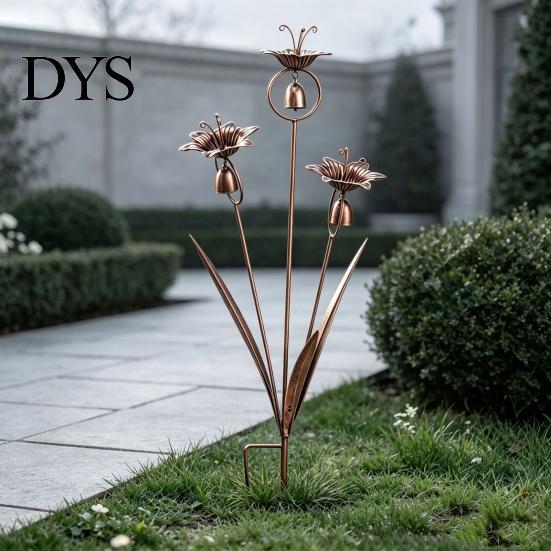 Decorative Metal Stakes Bronze Calla Lily Wind Chime with Bells, Rustproof Ground Stake Yard Art, Garden Bed Accessories Easy Install Outdoor