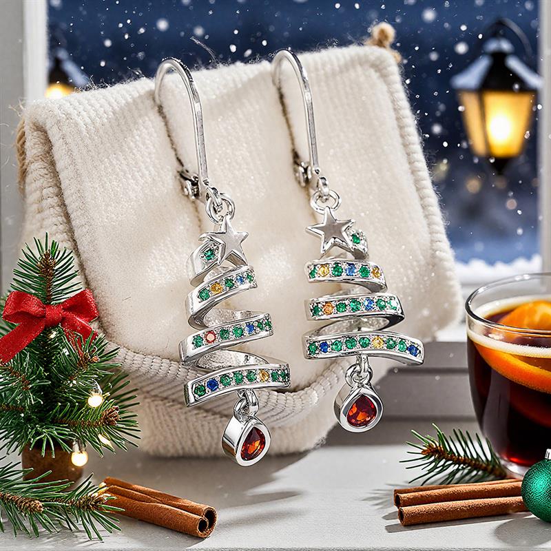 Huitan Women Elegant Christmas Tree Drop Earrings Winter Festival Lady Charming Accessories Inlaid Shiny CZ Chic Jewelry Gift
