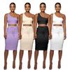 European and American Women's Fashion: Solid Color High-Elastic Shaping Rib-Knit Short-Sleeve Top & Wide-Leg Pants Two-Piece Set.