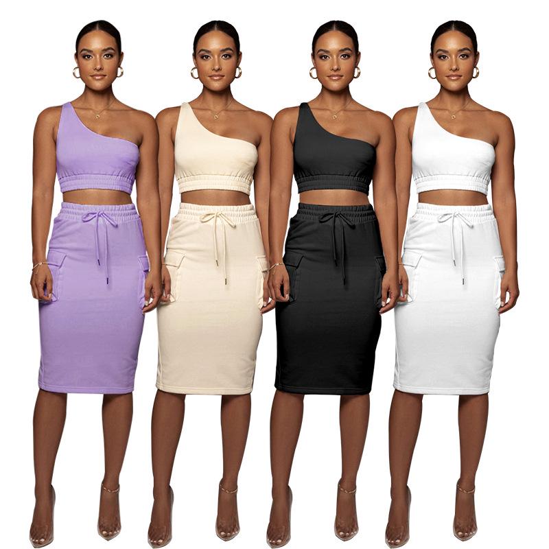 European and American Women's Fashion: Solid Color High-Elastic Shaping Rib-Knit Short-Sleeve Top & Wide-Leg Pants Two-Piece Set.