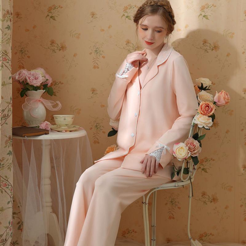 Female Luxury Elegant Pajamas Suit Sexy Lace Patchwork Home Clothes Sleepwear Long Sleeved Trousers 2PCS Pyjamas Set Lounge Wear