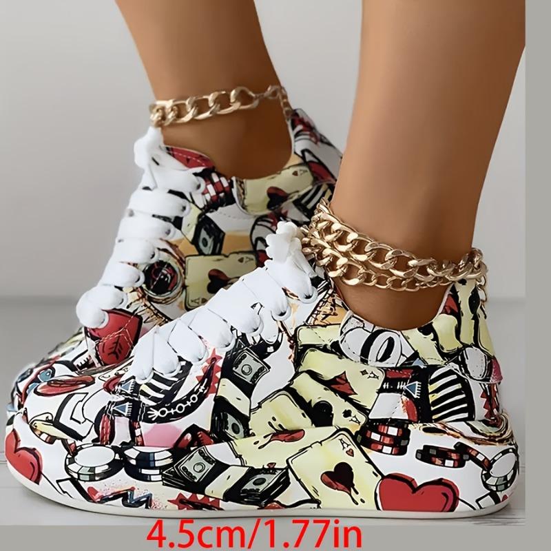 Playful Women's Sneakers - Vibrant Heart & Music Graphic Design, Breathable Synthetic Cover Rubber Sole, All-Season Casual Shoes for Petite Wome