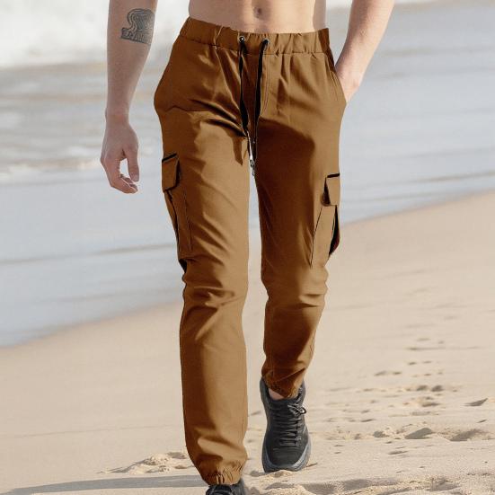Men Cargo Pants Drawstring Waist Jogger Pants Tapered Casual Trousers with Multi Pockets for Gym Workout Hiking Street Wear