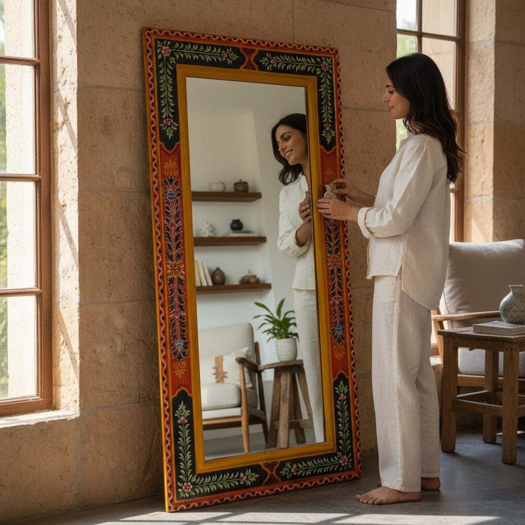 Wood Painted Wall Bedroom Mirror With Glass | Living Room Wall Hanging Mirror Fram | Wood Mirror with Ethnic Floral Design Traditional Wall