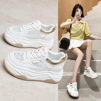 Thick-soled Little White Shoes Women's Mesh Breathable Lace New Popular Summer Thin Mesh Shoes Heightening Muffin Casual Board Shoes