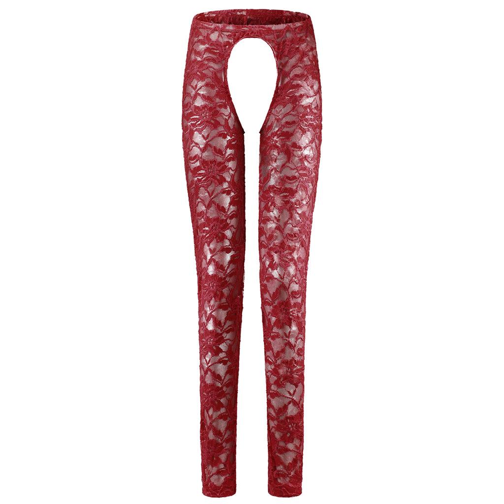 Sissy Lingerie See Through Floral Lace Open Crotch Long Pants Men Low Rise Bottoms Lounge Tight Stretchy Trousers Sleepwear