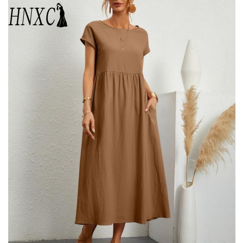 HNXC Women's Fashion Summer Spring Solid Color Print O-Neck High Waist Casual Dresses