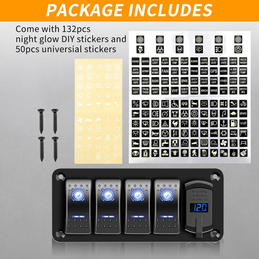 4 Gang IP68 Waterproof Boat Rocker Switch Panel DC 12-24V LED Digital Voltmeter + Dual USB (QC 3.0 & Type-C) Fast Charging Pre-Wired Toggle Switch